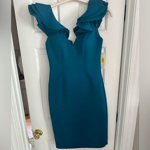 Scuba V-Neck Ruffle Sheath Dress
